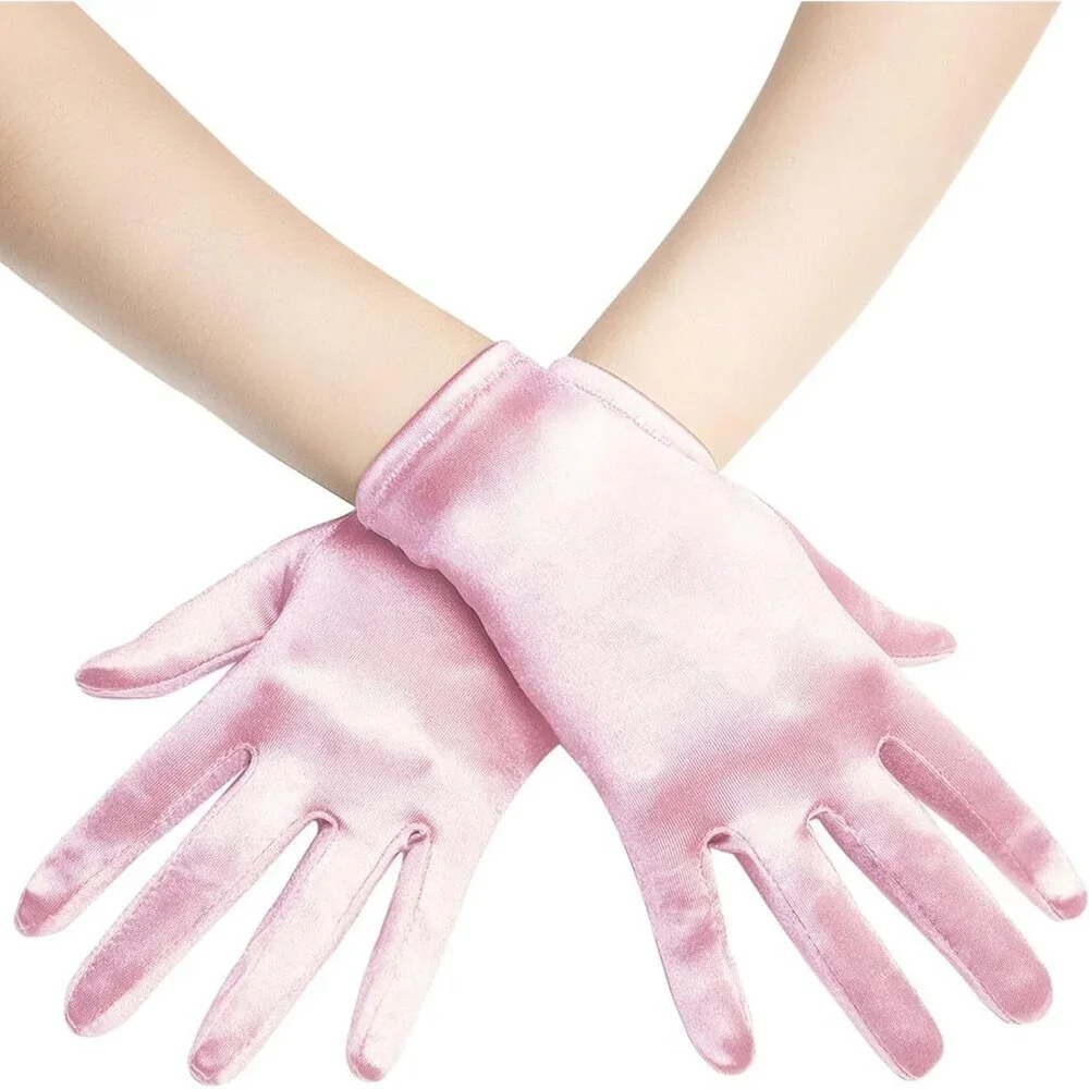 Women's Short Pink Satin Silk Gloves Banquet Wedding Party Costume Accessories